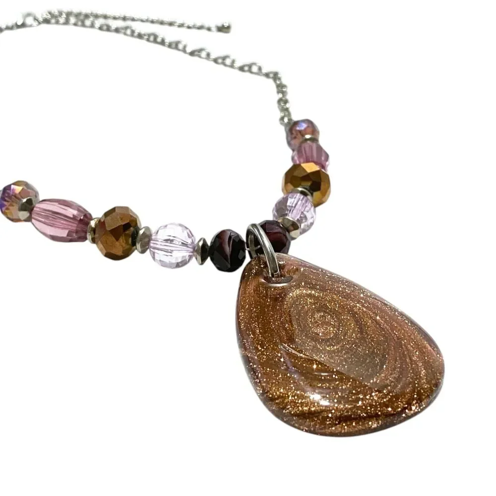 Art Glass Pendant Necklace Copper Aventurine Glitter Teardrop Crystal Beads